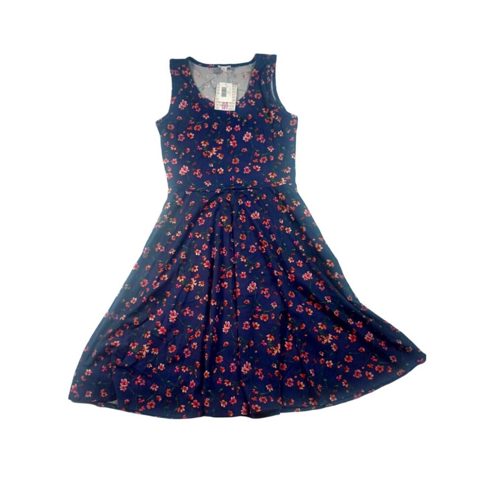 LuLaRoe Sz M Navy Blue Small Flowers Print Sleeveless Flare Dress
